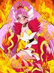  akagi_towa annon_(wtvt) bangs belt bracelet breasts choker cleavage commentary_request cure_scarlet detached_sleeves earrings fiery_background fire full_body go!_princess_precure jewelry long_hair magical_girl parted_bangs pink_hair pointy_ears precure red_eyes red_footwear red_skirt red_sleeves shoes skirt small_breasts smile solo 