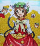  &gt;_&lt; 1girl :3 :d animal_ears brown_hair cat_ears cat_tail chen closed_eyes fang food fruit green_hat hat ibaraki_natou jewelry mandarin_orange mob_cap multiple_tails nekomata open_mouth short_hair single_earring skirt_basket smile tail touhou two_tails x3 xd 