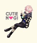  agg_(yes_agg) artist_name boots character_name crossed_legs dated drinking drinking_straw full_body grey_eyes jacket kneehighs long_sleeves male_focus mikado_nagi pink_hair scarf solo striped striped_legwear uta_no_prince-sama v 