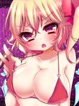  alternate_breast_size bikini_top blonde_hair blush breasts choker covered_nipples fang flandre_scarlet heart heart-shaped_pupils large_breasts looking_at_viewer matasabu multicolored multicolored_eyes purple_eyes red_eyes short_hair side_ponytail solo symbol-shaped_pupils touhou v wings 