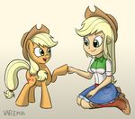  2015 applejack_(eg) applejack_(mlp) blonde_hair clothing cowboy_hat duo equestria_girls equine female fist_bump friendship_is_magic green_eyes hair hat horse human kneeling mammal my_little_pony pony varemiaart 