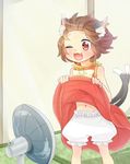  ;3 ;d animal_ears bare_shoulders bloomers brown_hair cat_ears cat_tail chen fan fang ibaraki_natou jewelry multiple_tails nekomata one_eye_closed open_mouth short_hair single_earring sleeveless smile solo tail touhou two_tails underwear 