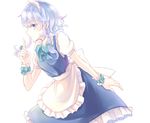  apron bow braid finger_to_mouth hair_bow izayoi_sakuya kashiwagi_chisame maid_apron maid_headdress profile silver_eyes solo touhou twin_braids waist_apron white_background wrist_cuffs 