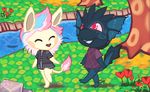  chibi clothing duo feline female fin fish flower fur furrycandyshop grass invalid_tag lion male mammal mane marine night pink_eyes plant river rock scenery sea_creature spots sugarcube tree walking 