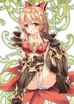  armor bow breasts brown_hair granblue_fantasy hair_bow iroha_(unyun) long_hair medium_breasts open_mouth panties pantyshot pantyshot_(sitting) sitting thighhighs underwear vira_lilie 