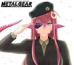  bad_id bad_pixiv_id beret big_boss big_boss_(cosplay) cosplay eyepatch green_kaminari hair_ornament hairclip hat lamia metal_gear_(series) miia_(monster_musume) monster_girl monster_musume_no_iru_nichijou necktie parody petals pointy_ears red_hair salute scales slit_pupils solo uniform upper_body yellow_eyes 