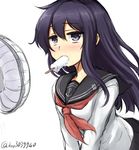  akatsuki_(kantai_collection) anchor anchor_symbol blush commentary_request don_(29219) electric_fan fan food hair_between_eyes ice_cream kantai_collection long_hair melting popsicle purple_eyes purple_hair school_uniform serafuku simple_background skirt solo sweat twitter_username v_arms white_background 