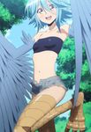  1girl blue_hair breasts harpy highres long_hair monster_girl monster_musume_no_iru_nichijou open_mouth papi_(monster_musume) screencap short_hair shorts small_breasts smile solo stitched wings 