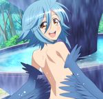  1girl blue_hair blush feathers harpy highres monster_girl monster_musume_no_iru_nichijou nude open_mouth papi_(monster_musume) screencap short_hair solo stitched wings yellow_eyes 