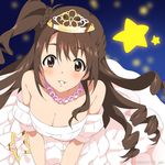  black_hair breasts brown_eyes choker cleavage crown curly_hair dress gloves idolmaster idolmaster_cinderella_girls long_hair looking_at_viewer medium_breasts mizuki_makoto one_side_up ribbon shimamura_uzuki smile solo star white_dress 