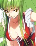  breasts c.c. code_geass creayus downblouse green_hair hanging_breasts looking_at_viewer no_bra pelvic_curtain ponytail shiranui_mai shiranui_mai_(cosplay) smile solo the_king_of_fighters yellow_eyes 