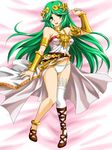  74 :d anklet arm armlet asymmetrical_clothes bare_legs bare_shoulders bed belt blush bracelet breasts dress female forehead_jewel from_above gradient gradient_background green_eyes green_hair head_tilt headpiece jewelry kid_icarus kid_icarus_uprising knees_together_feet_apart legs looking_at_viewer lying neck_ring necklace nintendo on_back open_mouth palutena panties pendant sandals single_thighhigh smile solo strapless strapless_dress thighhighs underwear very_long_hair white_dress white_legwear white_panties white_thighhighs 