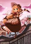  absurdres apron balancing blonde_hair city dress eiyuu_(eiyuu04) green_eyes hat highres lolita_fashion long_hair mary_janes open_mouth original outdoors outstretched_arms pantyhose ponytail railing ribbon shoes sky solo standing standing_on_one_leg umbrella 