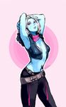  awoken blue_eyes blue_skin breasts bungie clothing destiny_(video_game) hair hello-hochee mara_sov open_shirt pink_background queen_of_the_reef shirt simple simple_background solo white_hair 