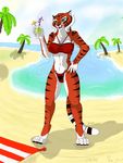  &lt;3 2015 beach bikini clothing drink feline female holidays invalid_background kung_fu_panda licking mammal monochrome palmtree panties plejman sea seaside standing straw stripes swimsuit tiger tongue tongue_out underwear water yan_(character) 