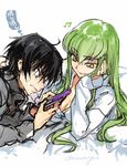  1girl beamed_sixteenth_notes c.c. cellphone code_geass couple creayus green_hair hetero lelouch_lamperouge long_hair lying musical_note on_stomach phone smartphone smile sweatdrop translated twitter_username yellow_eyes 