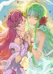  breasts c.c. cagalli_yula_athha cagalli_yula_athha_(cosplay) cleavage code_geass cosplay creayus dress euphemia_li_britannia flower green_hair grin hair_flower hair_ornament interlocked_fingers jewelry lacus_clyne lacus_clyne_(cosplay) long_hair looking_at_viewer medium_breasts multiple_girls necklace pink_eyes pink_hair smile twitter_username yellow_eyes 