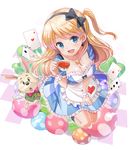  alice_(wonderland) alice_in_wonderland apron blonde_hair blue_eyes breasts card chesuke cleavage dress hairband long_hair medium_breasts playing_card side_ponytail solo white_rabbit 