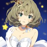  blue_eyes breasts brown_hair choker cleavage crown dress gloves heterochromia idolmaster idolmaster_cinderella_girls looking_at_viewer medium_breasts mizuki_makoto mole mole_under_eye ribbon short_hair smile solo star takagaki_kaede white_dress white_gloves 