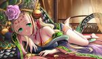  anklet bare_shoulders barefoot blonde_hair blush breasts cleavage dalachi_(headdress) detached_sleeves flower green_eyes highres hotpepperman jewelry large_breasts long_hair lying meimei_(p&amp;d) necklace puzzle_&amp;_dragons rose smile solo 