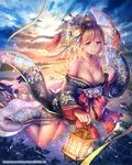  anbe_yoshirou bare_shoulders blonde_hair breasts cleavage cloud floating hair_ornament headdress japanese_clothes jewelry kimono lamp large_breasts long_hair mole mole_on_breast necklace off_shoulder original petals red_eyes shinma_x_keishou!_ragnabreak sky socks solo thighs wide_sleeves 