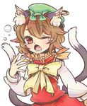  animal_ears brown_hair cat_ears cat_tail chen green_hat hat ibaraki_natou jewelry mob_cap multiple_tails nekomata one_eye_closed short_hair single_earring solo tail tears touhou two_tails 