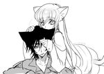  1girl animal_ears c.c. cat_ears cat_tail code_geass creayus greyscale lelouch_lamperouge long_hair looking_at_viewer monochrome open_mouth simple_background sleeves_past_wrists tail triangle_mouth twitter_username white_background 