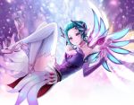  aqua_hair bare_shoulders breasts bridal_gauntlets choker cleavage collarbone dress elbow_gloves fairy fairy_wings faulds floating full_body gloves gradient gradient_background hair_bun hair_ornament leg_ribbon light_particles looking_at_viewer looking_to_the_side m-musume_(catbagel) mechanical_wings medium_breasts mercy_(overwatch) overwatch pink_footwear purple_background purple_dress purple_eyes purple_gloves purple_ribbon ribbon ribbon_choker short_hair sleeveless sleeveless_dress solo sparkle sugar_plum_fairy_mercy thighhighs white_legwear wings yellow_wings 