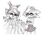  2girls :d alternate_costume aori_(splatoon) bad_id bad_pixiv_id breasts cleavage detached_collar domino_mask dress earrings fangs gloves hotaru_(splatoon) jewelry long_hair mask medium_breasts monochrome multiple_girls object_on_head open_mouth point_sensor_(splatoon) pointy_ears short_hair simple_background smile splatoon_(series) splatoon_1 strapless strapless_dress tentacle_hair white_background yuta_agc 