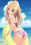  ass banned_artist bikini blonde_hair blue_eyes blush breasts cloud cloudy_sky day highres innertube long_hair looking_at_viewer md5_mismatch n.g. open_mouth outdoors pink_bikini pink_scrunchie pokemon pokemon_(game) pokemon_xy ponytail scrunchie serena_(pokemon) sidelocks sky small_breasts solo sparkle string_bikini swimsuit water wet 