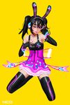 black_hair commentary costume_request cum doyora dress facial flat_chest headphones highres long_hair love_live! love_live!_school_idol_project nail_polish one_eye_closed purple_eyes purple_nails solo thighhighs twintails yazawa_nico 