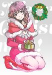  bell brown_gloves capelet cuvie gift gloves kneeling long_hair looking_at_viewer original pink_hair red_capelet red_eyes santa_costume sketch smile solo wreath 