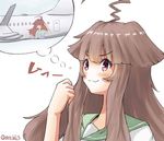  ahoge aircraft airplane brown_eyes brown_hair commentary_request highres imagining kantai_collection kuma_(kantai_collection) long_hair otoichi smile twitter_username 