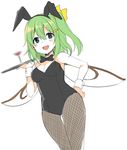  animal_ears blush bow breasts bunny_ears bunnysuit cleavage daiyousei downscaled drink fishnet_pantyhose fishnets fujishiro_emyu green_hair hair_ornament hairclip hand_on_hip md5_mismatch medium_breasts pantyhose plate resized ribbon side_ponytail touhou wings wrist_cuffs 