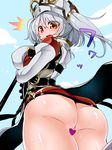  :o ass breasts censored covered_nipples granblue_fantasy heart heart_censor katuu large_breasts long_hair looking_at_viewer looking_back no_panties open_mouth silver_hair solo sophia_(granblue_fantasy) surprised sweat thighs 