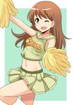  bare_arms brown_eyes brown_hair cheering cheerleader commentary_request crop_top crop_top_overhang kantai_collection long_hair midriff navel one_eye_closed ooi_(kantai_collection) open_mouth pleated_skirt pom_poms red_hair shirt skirt skirt_set sleeveless sleeveless_shirt smile solo taishi_(moriverine) 