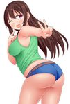  1girl ass bare_shoulders belt blush breasts brown_hair female huge_ass large_breasts long_hair looking_at_viewer one_eye_closed open_mouth original plump purple_eyes sakaura_(layer255) shiny shiny_skin short_shorts shorts sideboob simple_background smile solo v wink 
