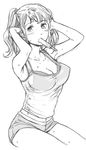  adjusting_hair armpits arms_up blush breasts cleavage cuvie food greyscale large_breasts monochrome mouth_hold original ponytail popsicle see-through short_shorts shorts sketch solo sweat tank_top 