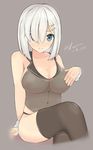  arm_support bandaid bandaids_on_nipples bare_arms black_legwear black_panties blue_eyes breasts cleavage covering covering_one_breast crossed_legs hair_ornament hair_over_one_eye hairclip hamakaze_(kantai_collection) kantai_collection kuavera large_breasts looking_at_viewer panties pasties see-through short_hair silver_hair sitting solo thighhighs underwear 