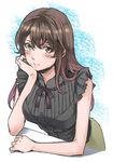  blush breasts brown_eyes brown_hair chin_rest cuvie large_breasts long_hair looking_at_viewer original sleeveless solo upper_body 