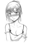  bare_shoulders blush breasts cleavage collarbone cuvie full-face_blush greyscale looking_at_viewer monochrome original short_hair small_breasts solo strap_slip tears upper_body 