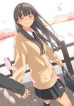  1girl bag bangs black_eyes black_hair black_legwear blunt_bangs blush cardigan fence holding_hands kamo_(gafas) long_hair looking_at_viewer necktie original out_of_frame petals pov pov_hands school_bag school_uniform skirt smile walking wooden_fence 