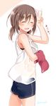  bad_id bad_twitter_id blush brown_hair closed_eyes commentary_request cowboy_shot from_side hot looking_at_viewer low_twintails original sasahara_wakaba shirt short_hair short_twintails shorts smile solo sweat tank_top towel translated twintails twitter_username v wet wet_clothes wet_shirt 