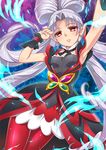  akagi_towa arm_up armpits blue_background earrings go!_princess_precure gradient gradient_background jewelry katsuma_rei long_hair pantyhose pointy_ears precure purple_background quad_tails red_eyes red_legwear skirt solo twilight_(go!_princess_precure) white_hair wrist_cuffs 