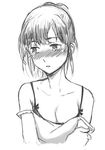  :o bare_shoulders blush breasts cleavage collarbone cuvie full-face_blush greyscale looking_away monochrome original parted_lips short_hair small_breasts solo strap_slip tears upper_body 