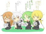  4girls ? barefoot black_serafuku blonde_hair brown_eyes brown_hair commentary_request controller crescent crescent_hair_ornament eighth_note game_controller glasses green_eyes green_hair hair_ornament kantai_collection kikuzuki_(kantai_collection) long_hair long_sleeves mochizuki_(kantai_collection) multiple_girls musical_note nagatsuki_(kantai_collection) necktie open_mouth partially_translated satsuki_(kantai_collection) school_uniform serafuku sitting sweat translation_request twintails white_hair white_syndrome wii_remote yellow_eyes 