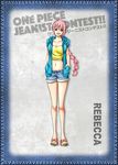  breasts denim denim_shorts jeans long_hair midriff multi-tied_hair navel official_art one_piece open_clothes open_mouth pants pink_eyes pink_hair rebecca_(one_piece) sandals shorts smile solo 