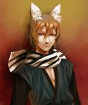 :3 animal_ears arms_at_sides bangs brown_eyes brown_hair closed_mouth fire_emblem fire_emblem_if fox_boy fox_ears gradient gradient_background hair_between_eyes japanese_clothes long_sleeves looking_at_viewer male_focus nishiki_(fire_emblem_if) orange_eyes orange_hair ouse_(otussger) pectorals red_background scarf smile solo striped striped_scarf upper_body v-shaped_eyebrows white_scarf yellow_background 