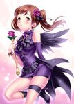  angel_wings black_wings breasts brown_eyes brown_hair cosplay floating_hair high_heels holding idolmaster idolmaster_cinderella_girls kanzaki_ranko kanzaki_ranko_(cosplay) leg_lift light_particles lolita_fashion long_hair medium_breasts nitta_minami panties panty_peek parted_lips pencil_skirt purple rosenburg_engel side_ponytail skirt solo sweatdrop underwear wings zen 