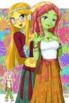  bandana bracelet commentary earrings fluttershy glasses headband jewelry midriff multiple_girls my_little_pony my_little_pony_friendship_is_magic personification sandals tattoo tree_hugger uotapo wheat_grass 